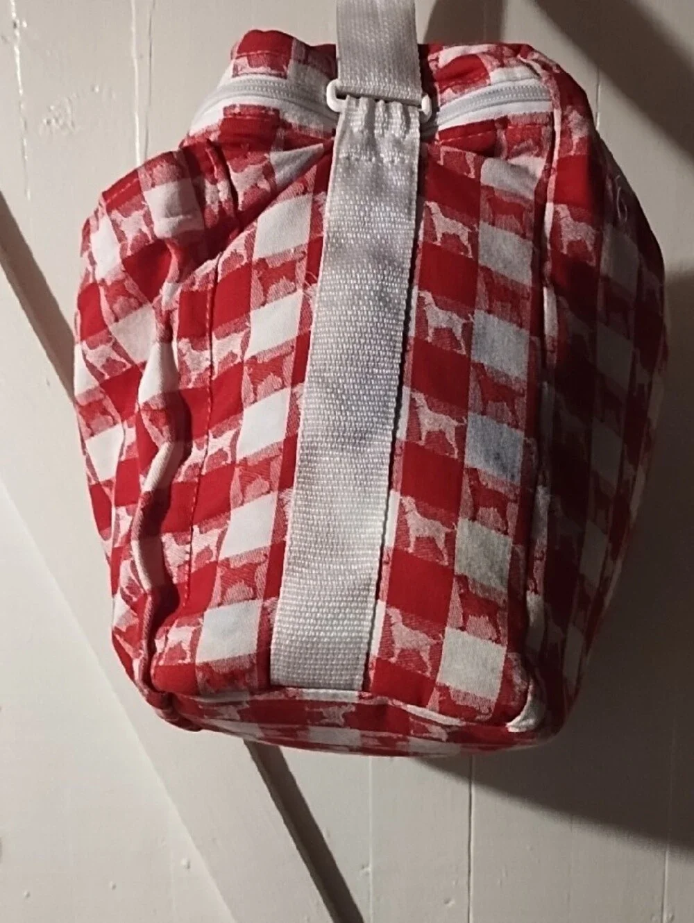 Red Checkered Tote Bag with White Handles EUC.